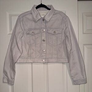 Striped Cropped Denim Jacket - Light Blue/White